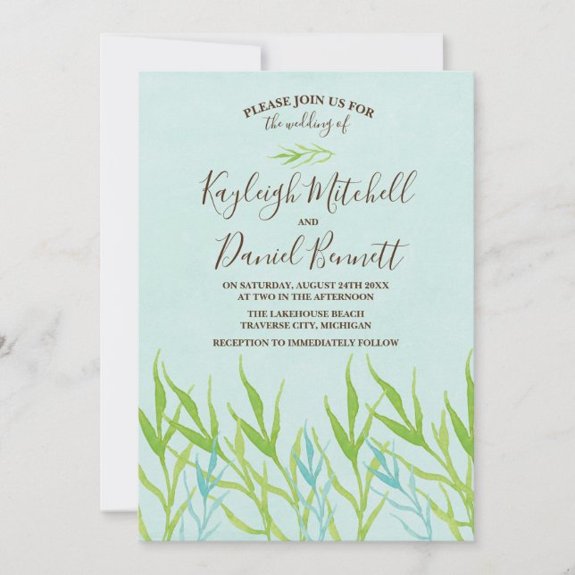 Tranquil Waters Lake Beach Ocean Greenery Wedding Invitation (Front)