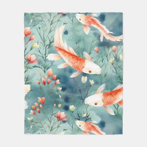 Tranquil Waters Watercolor Koi Fish Pattern  Fleece Blanket