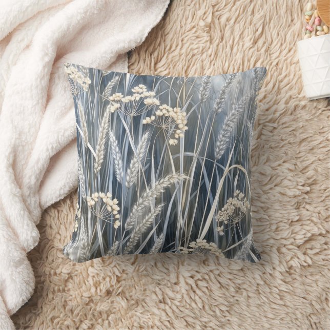 Tranquil Wheat Wildflower Impressionist Design Throw Pillow (Blanket)