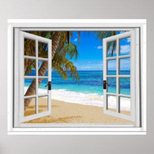 Tranquil Window View Palm Trees Beach Poster