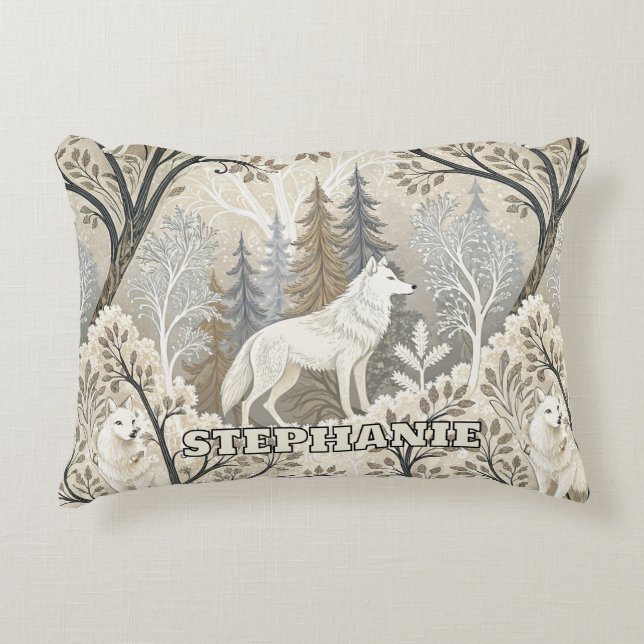 Tranquil Winter Forest Scene with White Wolves Accent Pillow (Front)