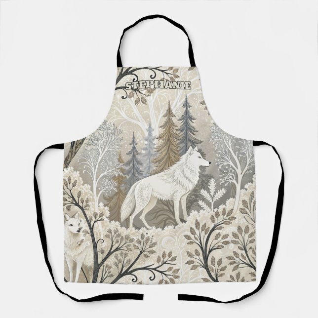 Tranquil Winter Forest Scene with White Wolves Apron (Front)
