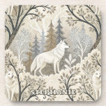Tranquil Winter Forest Scene with White Wolves Beverage Coaster<br><div class="desc">This serene winter forest coaster features a majestic white wolf at its center, surrounded by snow-dusted trees in soft tones of cream, brown, grey, and pale blue. A second wolf is subtly nestled in the lower corner, hinting at unseen life within the quiet woodland. With a mix of bare-branched and...</div>