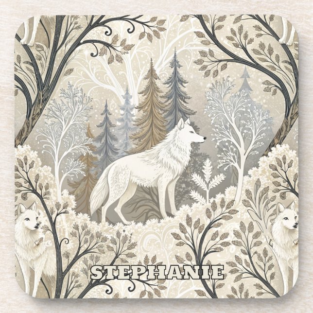 Tranquil Winter Forest Scene with White Wolves Beverage Coaster (Front)