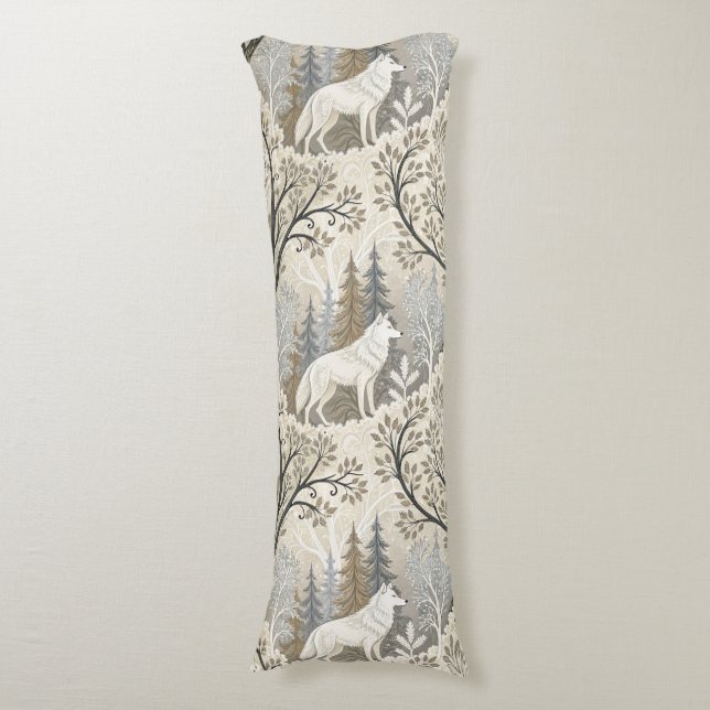 Tranquil Winter Forest Scene with White Wolves Body Pillow (Front Vertical)