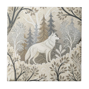 Tranquil Winter Forest Scene with White Wolves Ceramic Tile