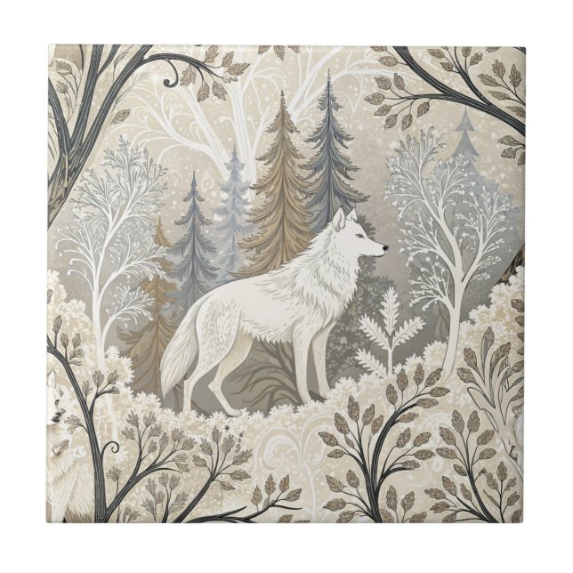 Tranquil Winter Forest Scene with White Wolves Ceramic Tile (Front)