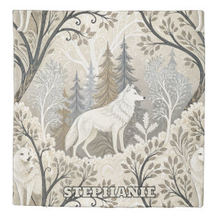 Tranquil Winter Forest Scene with White Wolves Duvet Cover