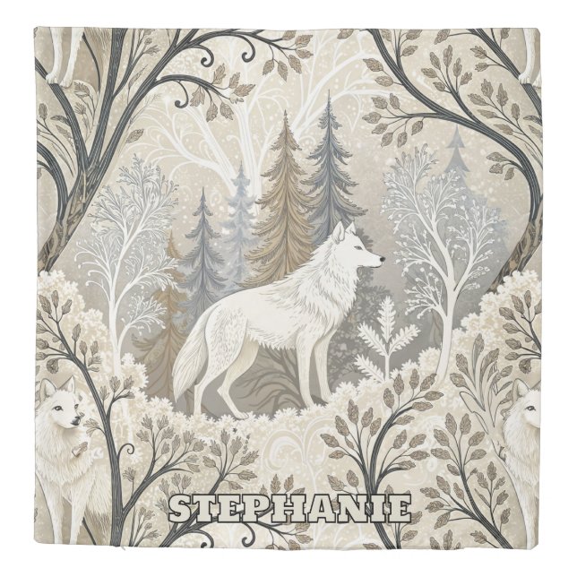 Tranquil Winter Forest Scene with White Wolves Duvet Cover (Back)