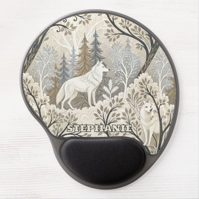 Tranquil Winter Forest Scene with White Wolves Gel Mouse Pad (Front)