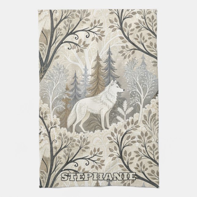 Tranquil Winter Forest Scene with White Wolves Kitchen Towel (Vertical)