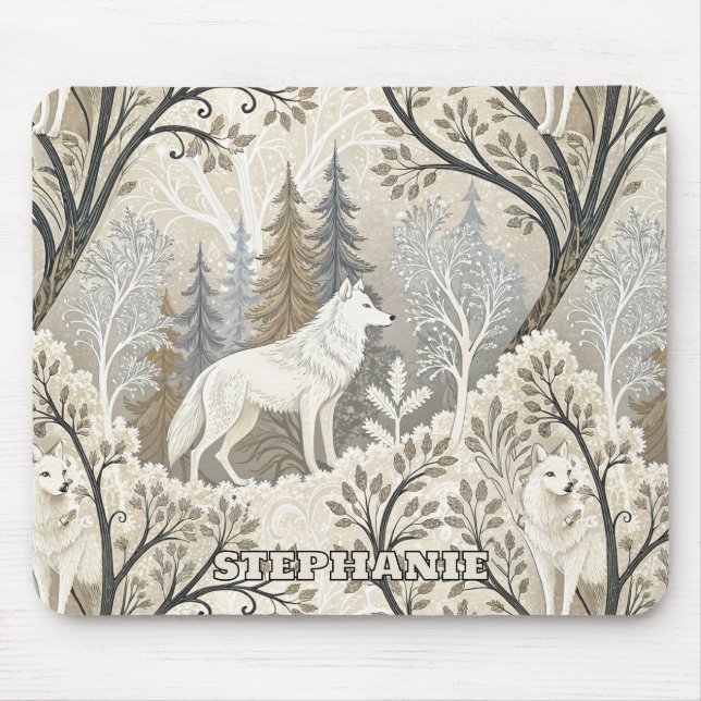 Tranquil Winter Forest Scene with White Wolves Mouse Pad (Front)