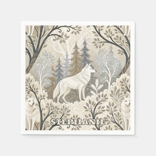 Tranquil Winter Forest Scene with White Wolves Napkins (Front)