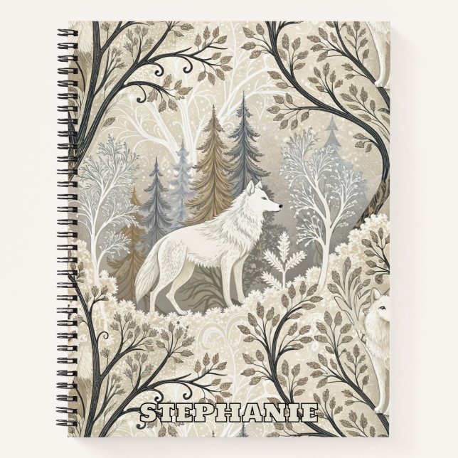 Tranquil Winter Forest Scene with White Wolves Notebook (Front)