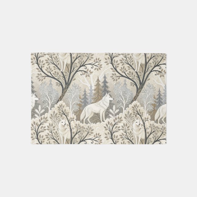 Tranquil Winter Forest Scene with White Wolves Outdoor Rug (Front)