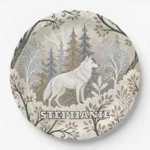 Tranquil Winter Forest Scene with White Wolves Paper Plates
