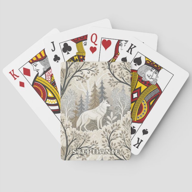 Tranquil Winter Forest Scene with White Wolves Poker Cards (Back)