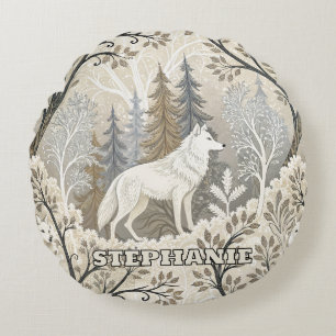 Tranquil Winter Forest Scene with White Wolves Round Pillow