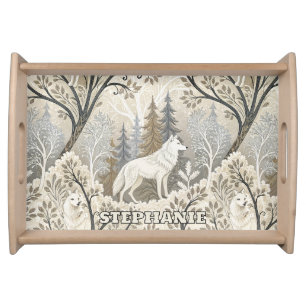Tranquil Winter Forest Scene with White Wolves Serving Tray