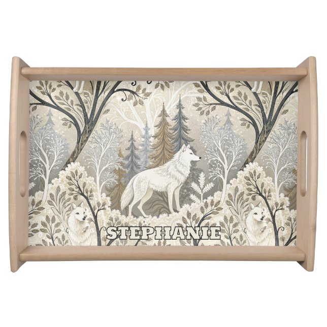 Tranquil Winter Forest Scene with White Wolves Serving Tray (Front)