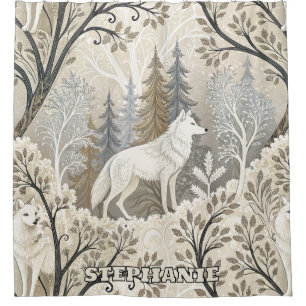 Tranquil Winter Forest Scene with White Wolves Shower Curtain