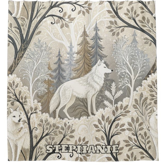 Tranquil Winter Forest Scene with White Wolves Shower Curtain (Front)