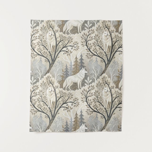 Tranquil Winter Forest Scene with White Wolves Tapestry (Front)
