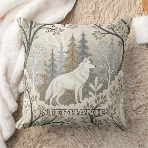 Tranquil Winter Forest Scene with White Wolves Throw Pillow