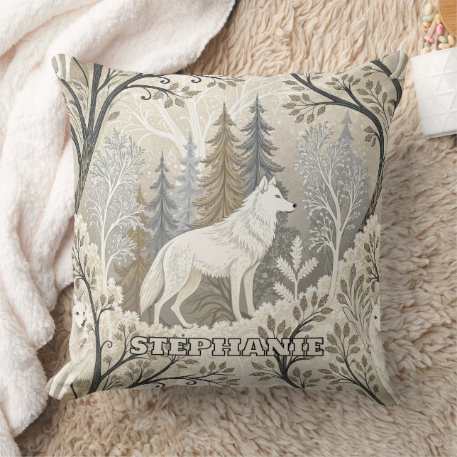 Tranquil Winter Forest Scene with White Wolves Throw Pillow (Blanket)