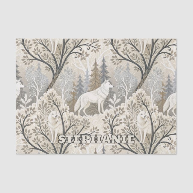 Tranquil Winter Forest Scene with White Wolves Tissue Paper (Front)