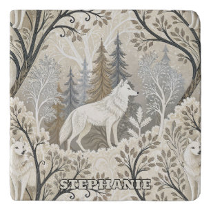 Tranquil Winter Forest Scene with White Wolves Trivet