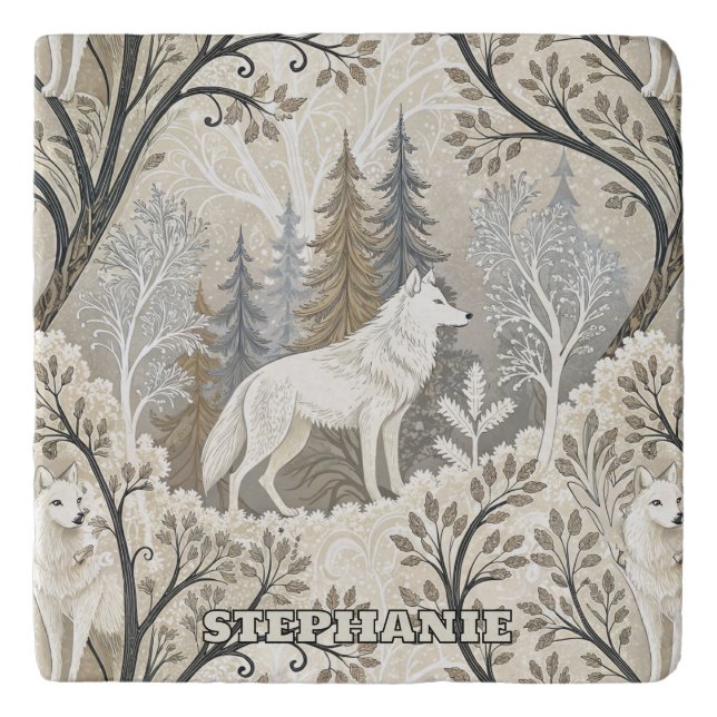 Tranquil Winter Forest Scene with White Wolves Trivet (Front)