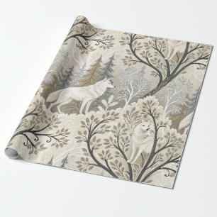 Tranquil Winter Forest Scene with White Wolves Wrapping Paper