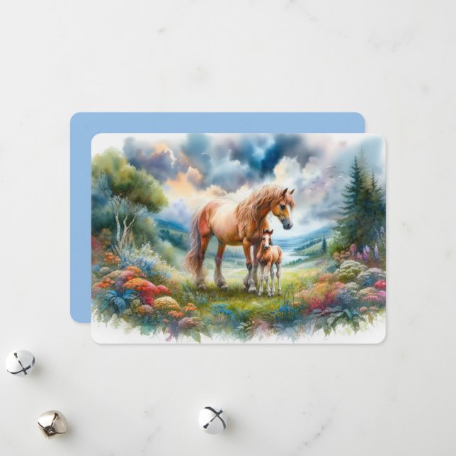 Tranquil Woodland Mare & Foal Blank Greeting Card (Front/Back In Situ)