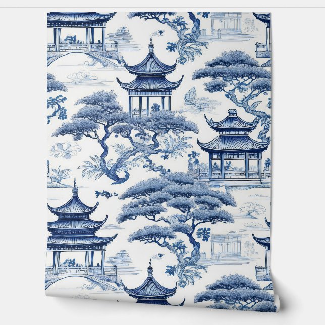 Tranquility Blue & White Chinoiserie Garden Wallpaper (Unrolling)