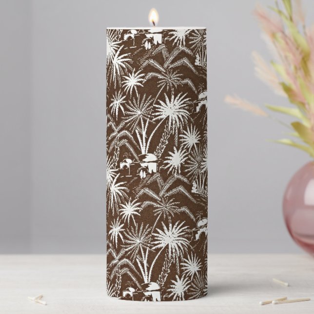 Tranquility Illuminated: Vintage Palm Trees Pillar Candle (In Situ)