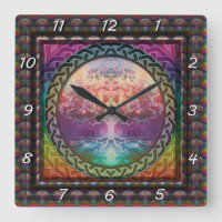 Tranquility Tree of Life in Rainbow Colors Square Wall Clock