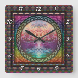 Tranquility Tree of Life in Rainbow Colors Square Wall Clock