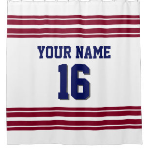 TRANS 2X Burgundy Stripes navy text Shower Curtain