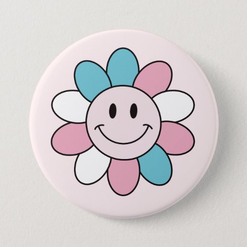 Trans flag color with a daisy flower smile button