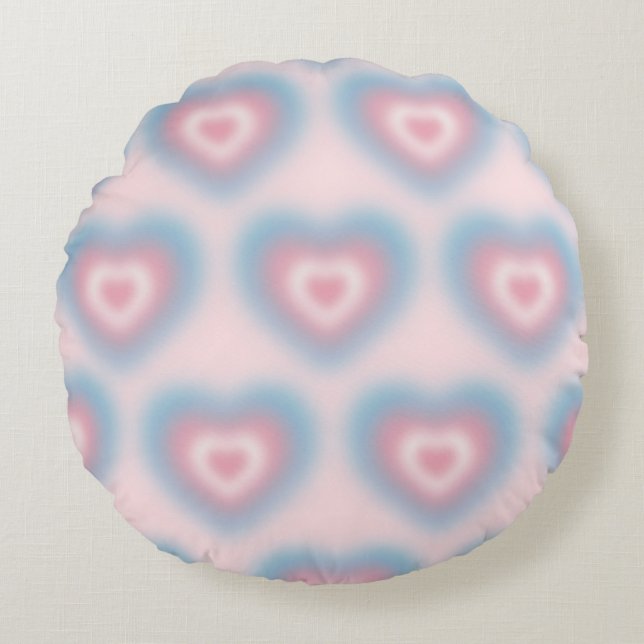 Trans flag colors on a blurred heart round pillow (Front)