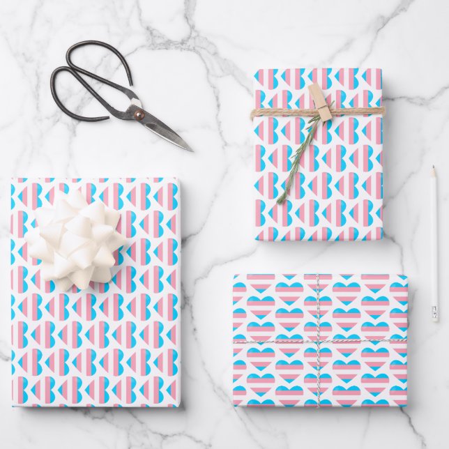 Trans Flag Heart Pattern Wrapping Paper Sheets (Front)