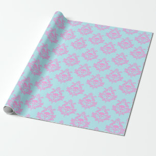 Trans Pink Skull Damask On Blue Wrapping Paper
