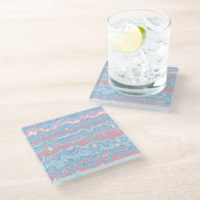 Trans Pride Flag Trippy Boho Groovy Wavy Stripes Glass Coaster (Angled)