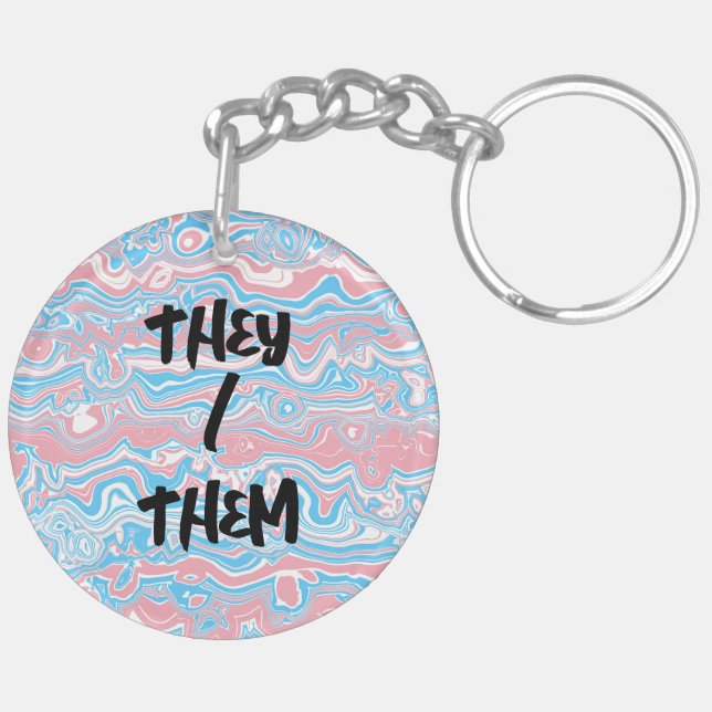 Trans Pride Flag Trippy Boho Groovy Wavy Stripes Keychain (Back Right)