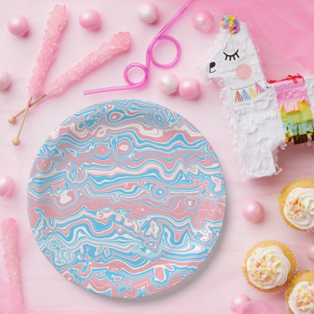 Trans Pride Flag Trippy Boho Groovy Wavy Stripes Paper Plates (Party)