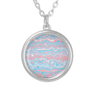 Trans Pride Flag Trippy Boho Groovy Wavy Stripes Silver Plated Necklace