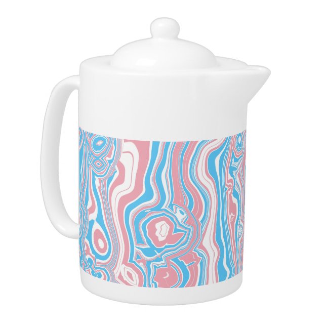 Trans Pride Flag Trippy Boho Groovy Wavy Stripes Teapot (Left)