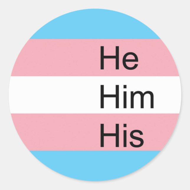 Trans Pronoun Stickers: He, Him, His Classic Round Sticker (Front)