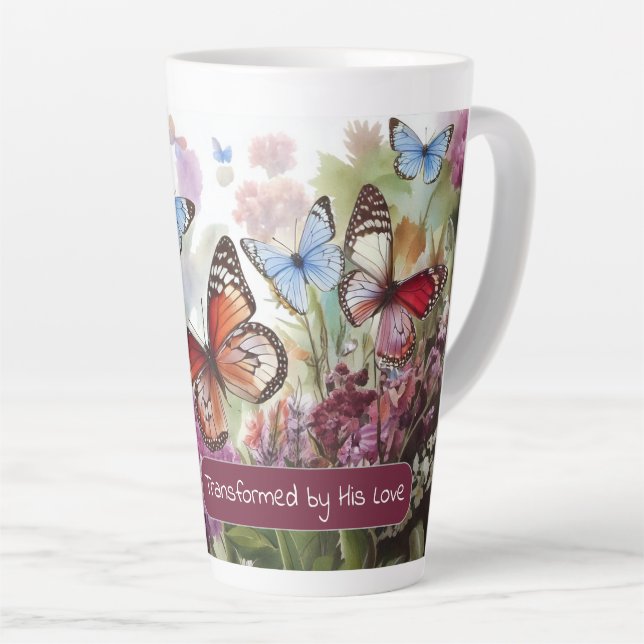 Transformed by His Love and Butterflies Latte Mug (Right Angle)